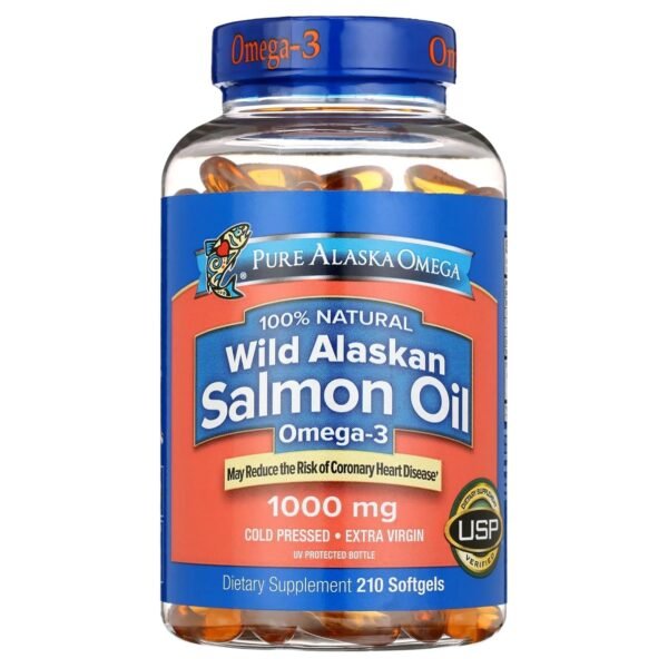 Pure Alaska Omega Wild Alaskan Salmon Oil Omega-3 1000 mg Softgels – Cold Pressed, Extra Virgin Fish Oil Supplement for Heart, Brain & Joint Health – 210 Softgels