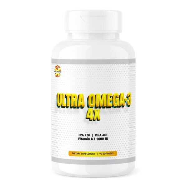 Wellsports | Ultra Omega 3 - 4X | Fish Oil ( EPA-720/DHA-480 ) With Vitamin D3 - 90 Softgels